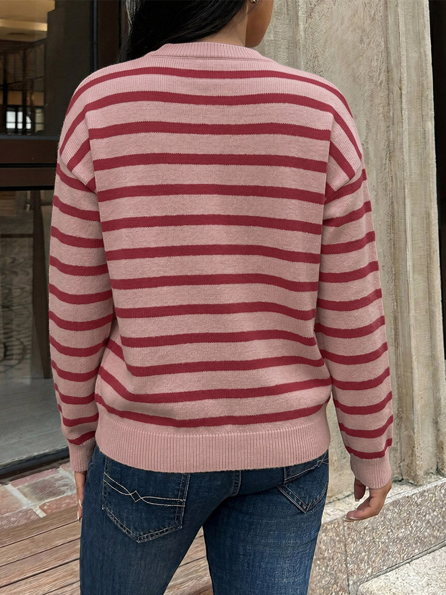 Women Pullover Sweater Red Buttons Stripes Jewel Neck Long Sleeves Sweaters