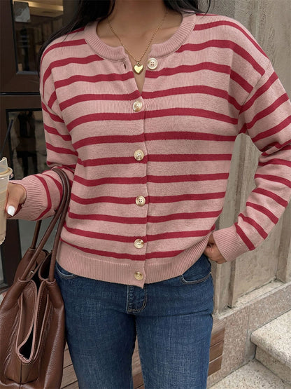 Women Pullover Sweater Red Buttons Stripes Jewel Neck Long Sleeves Sweaters