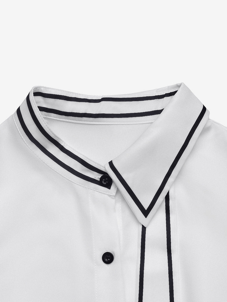 Black Trim Collar Peplum Blouse Bow Neck Long Sleeve Slim Fit Work Shirt