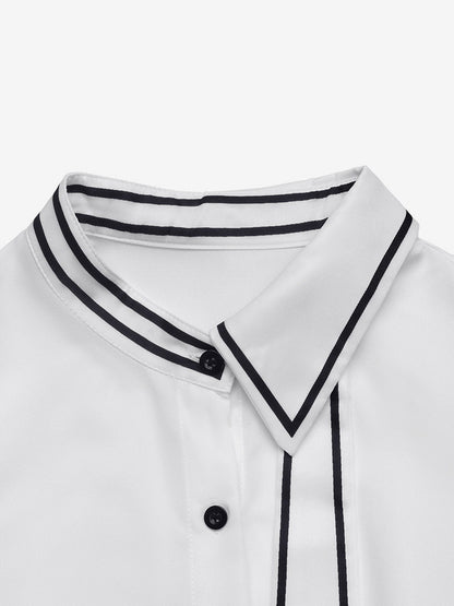 Black Trim Collar Peplum Blouse Bow Neck Long Sleeve Slim Fit Work Shirt