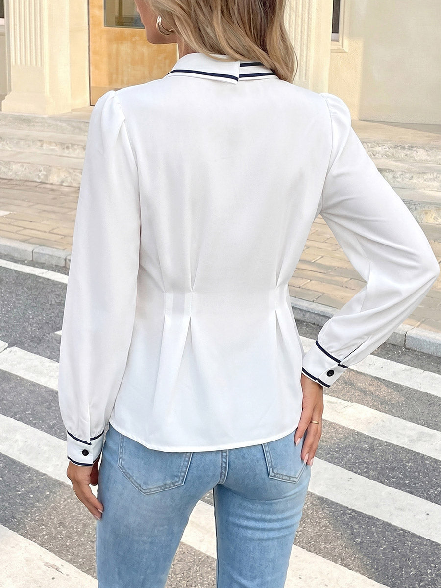 Black Trim Collar Peplum Blouse Bow Neck Long Sleeve Slim Fit Work Shirt