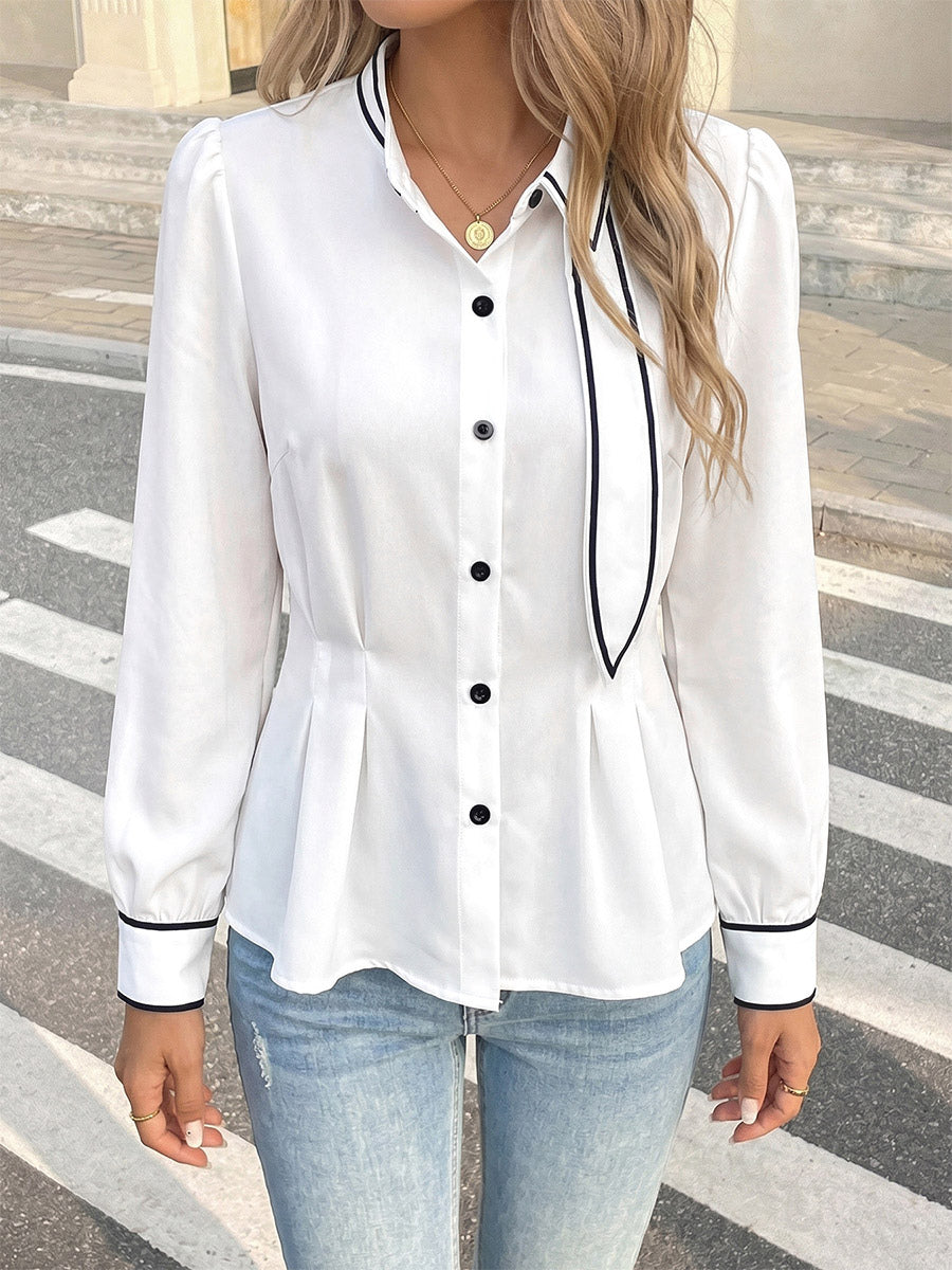Black Trim Collar Peplum Blouse Bow Neck Long Sleeve Slim Fit Work Shirt