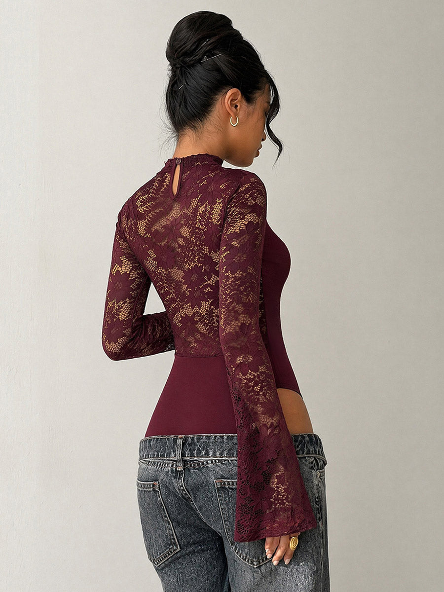Burgundy Lace Flare Sleeve Bodysuit Mock Neck Cutout Front Sheer Floral Mesh Body Top