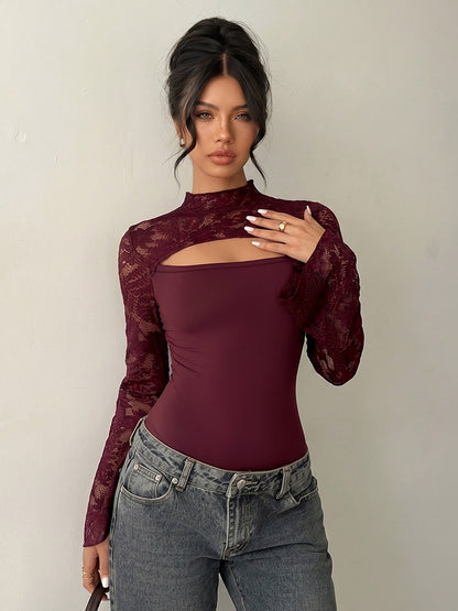 Burgundy Lace Flare Sleeve Bodysuit Mock Neck Cutout Front Sheer Floral Mesh Body Top