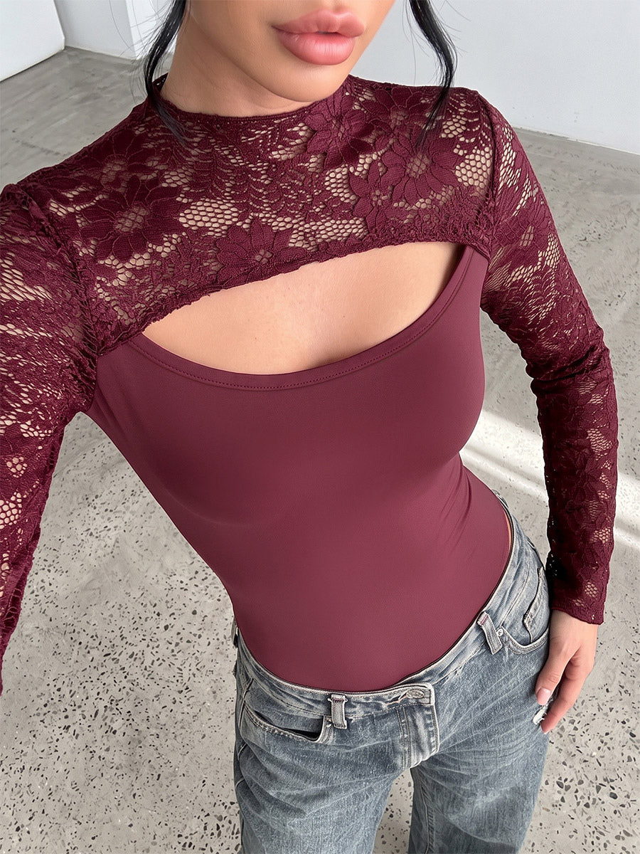 Burgundy Lace Flare Sleeve Bodysuit Mock Neck Cutout Front Sheer Floral Mesh Body Top