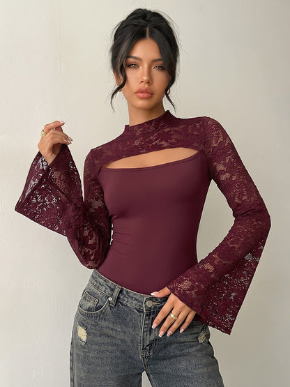 Burgundy Lace Flare Sleeve Bodysuit Mock Neck Cutout Front Sheer Floral Mesh Body Top