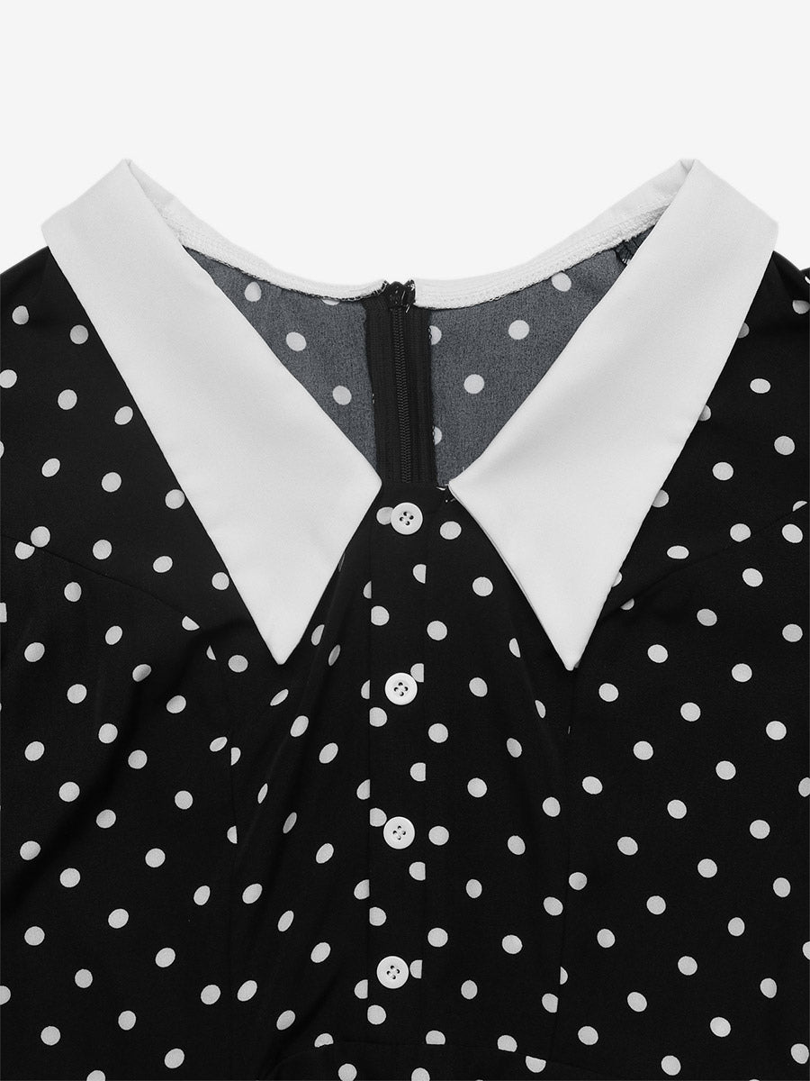 Date Night Dresses Contrast Big Collar Polka Dot Long Sleeve A Line Flowy Mini Party Dress