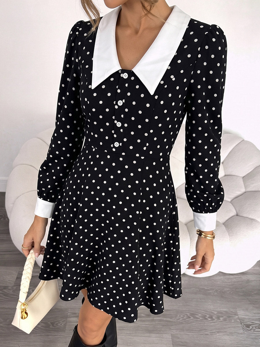 Date Night Dresses Contrast Big Collar Polka Dot Long Sleeve A Line Flowy Mini Party Dress