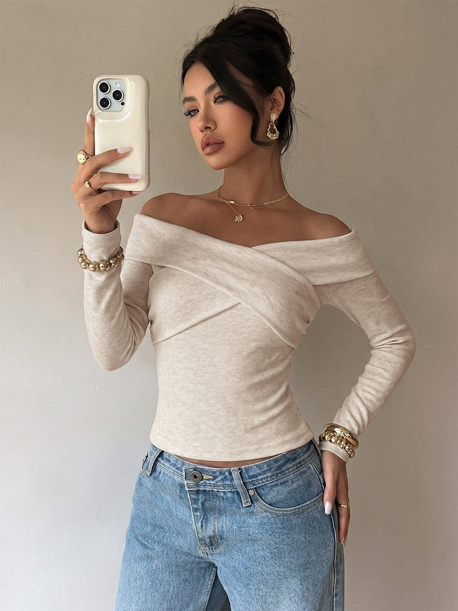 Off-the-Shoulder Cross Wrap Long Sleeve Slim Knit Top Elegant Y2K Basic Shirt