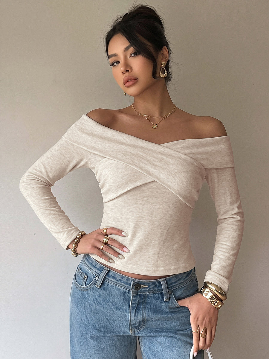 Off-the-Shoulder Cross Wrap Long Sleeve Slim Knit Top Elegant Y2K Basic Shirt