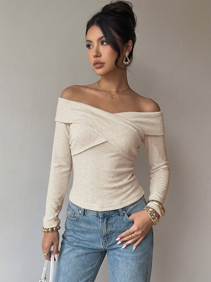 Off-the-Shoulder Cross Wrap Long Sleeve Slim Knit Top Elegant Y2K Basic Shirt