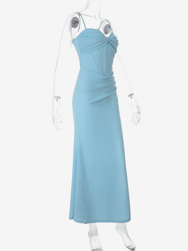 Party Dress Maxi Dresses Light Sky Blue Straps Neck High Slit Sexy Mermaid Dress