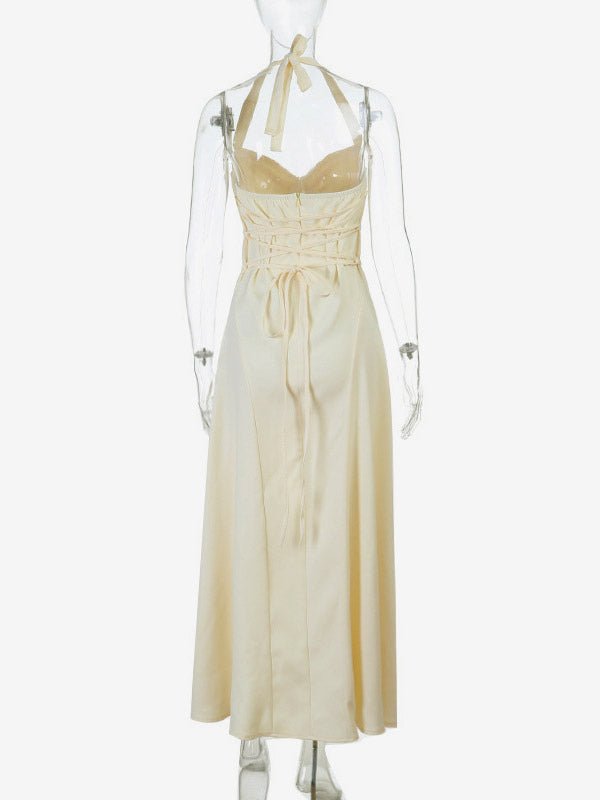 Party Dresses Yellow Satin Spaghetti Strap Maxi Dress Sweetheart Bust Lace Up Back Flowy Gown