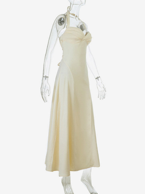 Party Dresses Yellow Satin Spaghetti Strap Maxi Dress Sweetheart Bust Lace Up Back Flowy Gown
