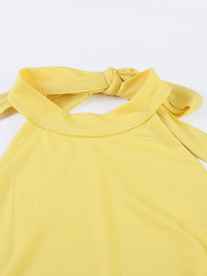 Party Dresses Yellow Halter Neck Maxi Tie Back Sleeveless Ruched Waist Flowy Long Party Gown