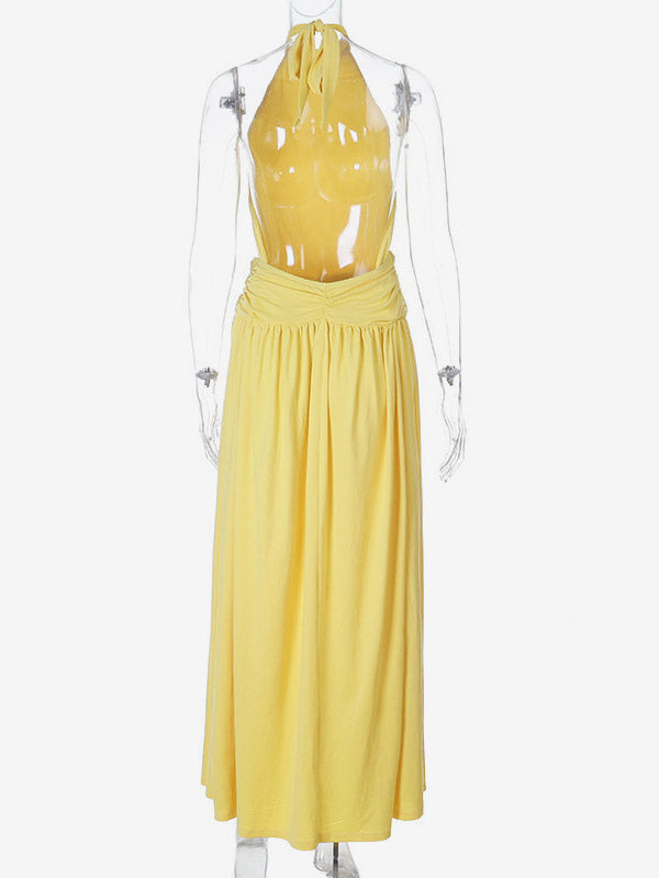 Party Dresses Yellow Halter Neck Maxi Tie Back Sleeveless Ruched Waist Flowy Long Party Gown
