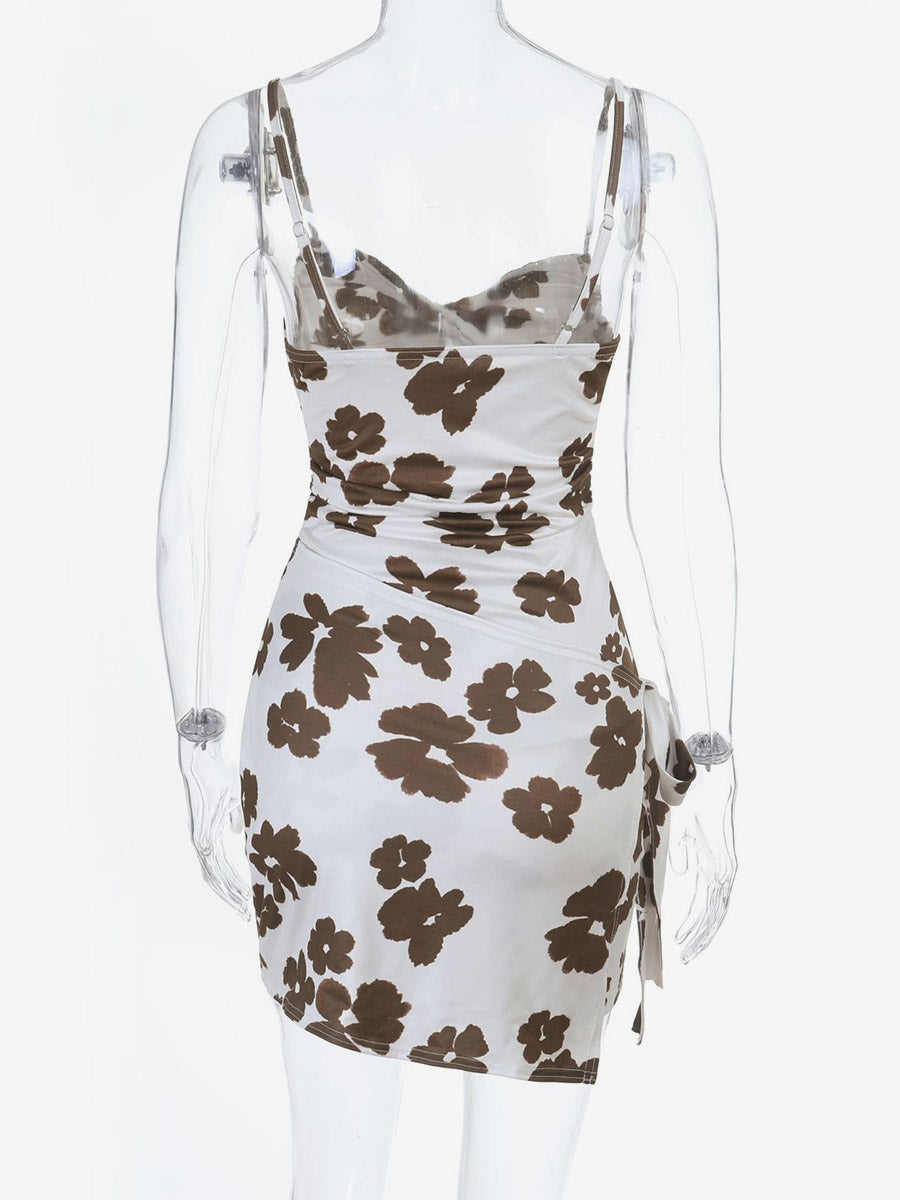 Date Night Dresses White Brown Floral Spaghetti Strap Twist Front Drawstring Side Bodycon Mini Dress