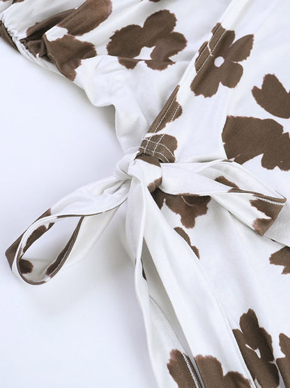 Date Night Dresses White Brown Floral Spaghetti Strap Twist Front Drawstring Side Bodycon Mini Dress