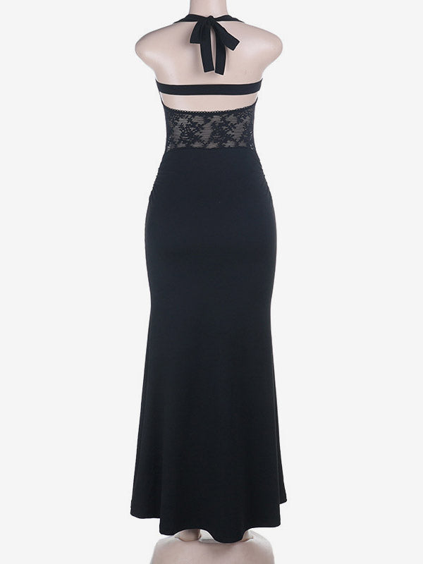 Night Out Dresses Black Halter Mermaid Maxi Lace Cutout Back Tie Ruched Waist Evening Party Gown