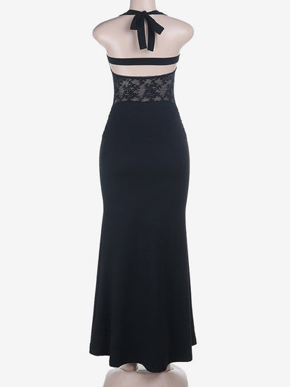 Night Out Dresses Black Halter Mermaid Maxi Lace Cutout Back Tie Ruched Waist Evening Party Gown
