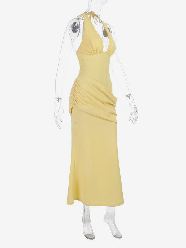 Vacation Dresses Yellow Halter Deep Plunge Mermaid Maxi Dress Back Lace Up Ruched Waist Evening Gown