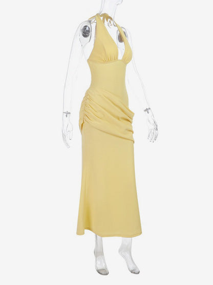 Vacation Dresses Yellow Halter Deep Plunge Mermaid Maxi Dress Back Lace Up Ruched Waist Evening Gown