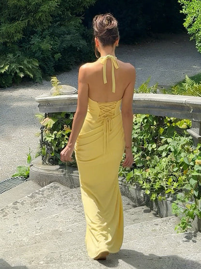 Vacation Dresses Yellow Halter Deep Plunge Mermaid Maxi Dress Back Lace Up Ruched Waist Evening Gown