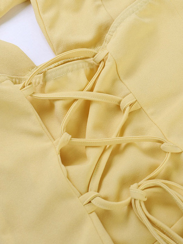 Vacation Dresses Yellow Halter Deep Plunge Mermaid Maxi Dress Back Lace Up Ruched Waist Evening Gown