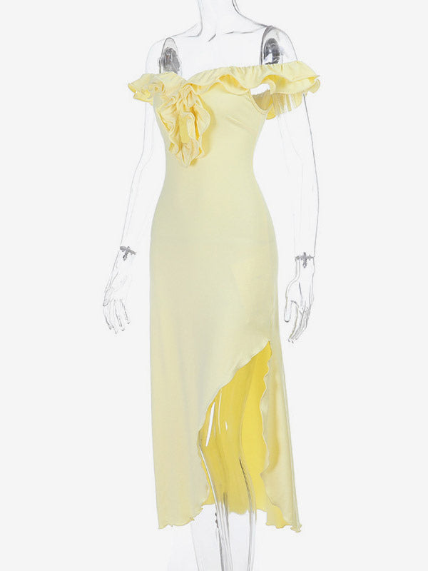 Party Dress Maxi Dresses Yellow Off-The-Shoulder Ruffles Sleeveless Slim Fit Sexy Semi Formal Dress