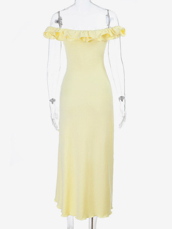 Party Dress Maxi Dresses Yellow Off-The-Shoulder Ruffles Sleeveless Slim Fit Sexy Semi Formal Dress