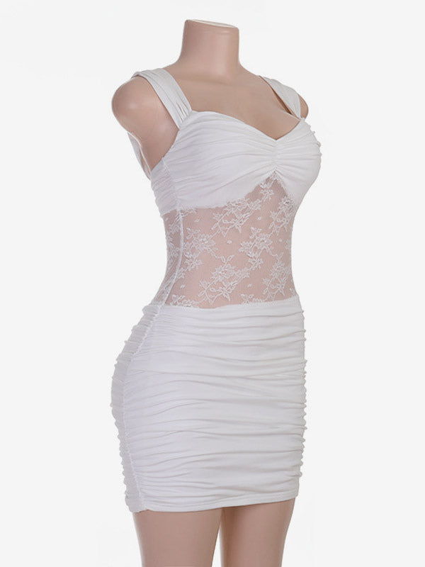 Night Out Dresses White Ruched Lace Mesh Bodycon Mini Dress Spaghetti Strap Deep Neck Club Party Dress