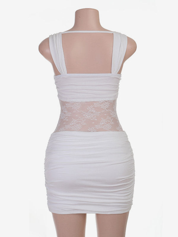 Night Out Dresses White Ruched Lace Mesh Bodycon Mini Dress Spaghetti Strap Deep Neck Club Party Dress