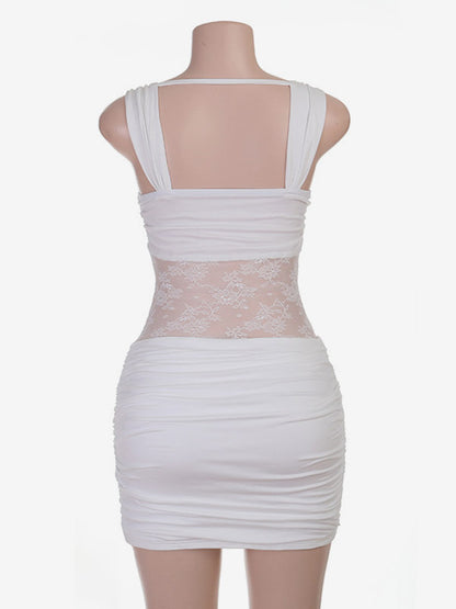 Night Out Dresses White Ruched Lace Mesh Bodycon Mini Dress Spaghetti Strap Deep Neck Club Party Dress