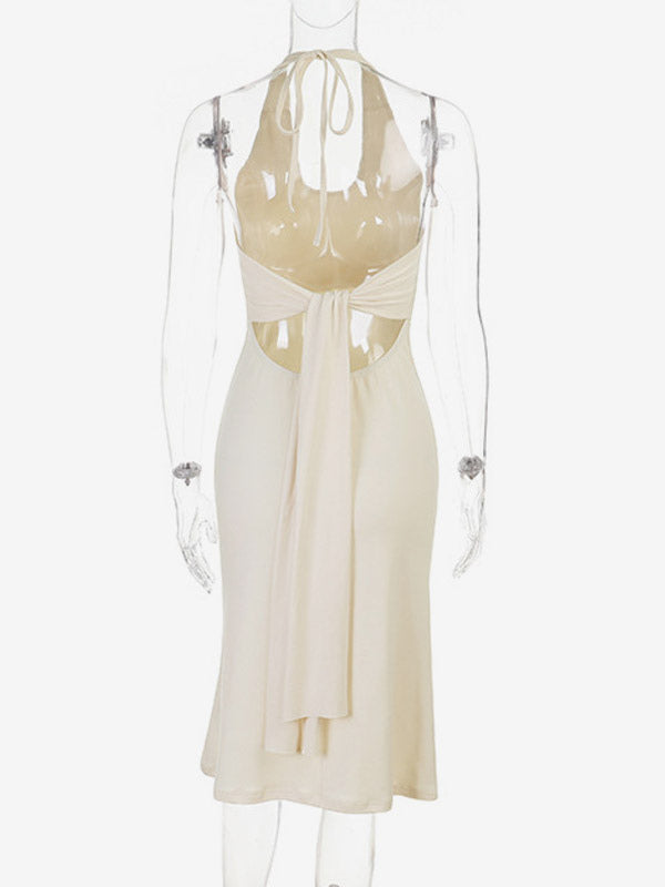 Daily Dresses Cream Halter Deep U Neck Midi Back Tie Slinky Bodycon Flowy Hem Party Gown