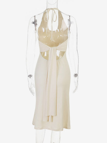 Daily Dresses Cream Halter Deep U Neck Midi Back Tie Slinky Bodycon Flowy Hem Party Gown