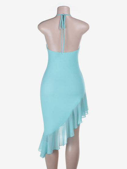 Summer Back Tie Halter Bodycon Dress Ruched Side Frilly High Low Hem Vacation Dress