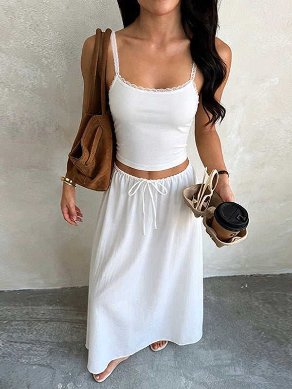 White Lace Trim Cami Crop Top Drawstring Wide Leg Maxi Skirt 2 Piece Vacation Outfit