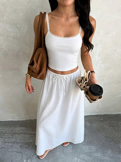 White Lace Trim Cami Crop Top Drawstring Wide Leg Maxi Skirt 2 Piece Vacation Outfit