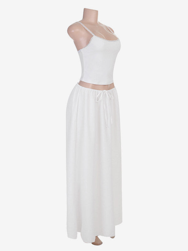 White Lace Trim Cami Crop Top Drawstring Wide Leg Maxi Skirt 2 Piece Vacation Outfit