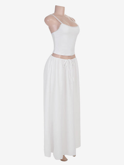 White Lace Trim Cami Crop Top Drawstring Wide Leg Maxi Skirt 2 Piece Vacation Outfit