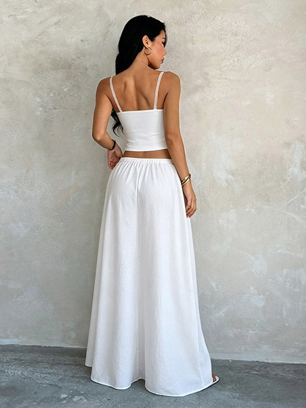 White Lace Trim Cami Crop Top Drawstring Wide Leg Maxi Skirt 2 Piece Vacation Outfit