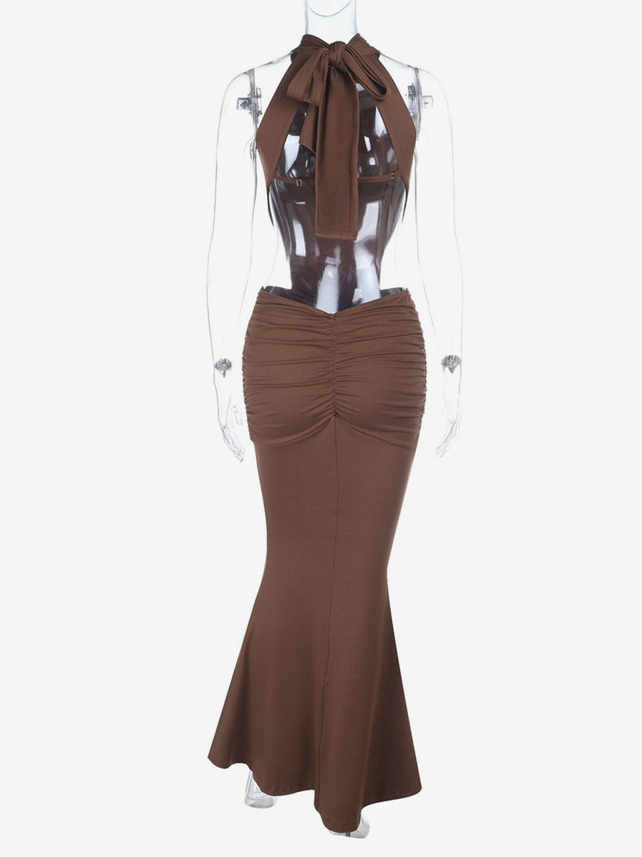 Vacation Dresses Brown Halter Mermaid Maxi Back Self Tie Cutout Waist Ruched Bodycon Evening Gown