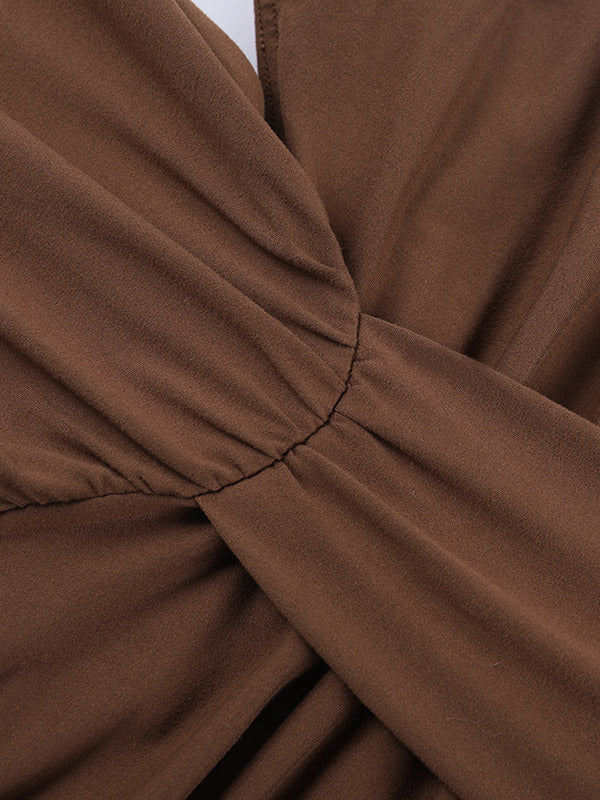 Vacation Dresses Brown Halter Mermaid Maxi Back Self Tie Cutout Waist Ruched Bodycon Evening Gown