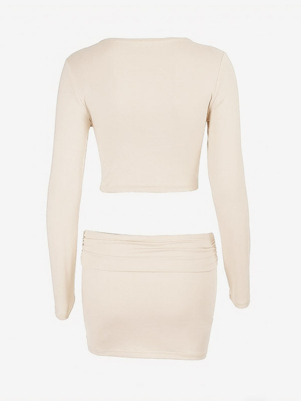 Long Sleeve Deep V Twist Front Crop Top High Waist Ruched Bodycon Mini Skirt Set