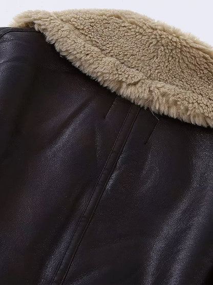 Brown Faux Shearling Lined Moto Jacket Wide Fluffy Collar Zip Cuff Short Biker Coat
