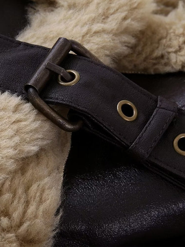 Brown Faux Shearling Lined Moto Jacket Wide Fluffy Collar Zip Cuff Short Biker Coat