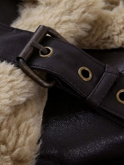 Brown Faux Shearling Lined Moto Jacket Wide Fluffy Collar Zip Cuff Short Biker Coat