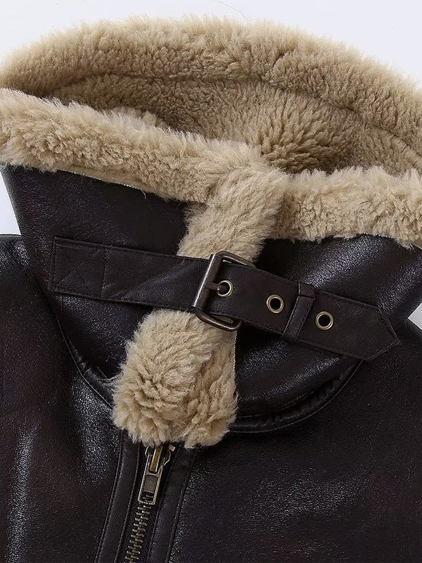 Brown Faux Shearling Lined Moto Jacket Wide Fluffy Collar Zip Cuff Short Biker Coat
