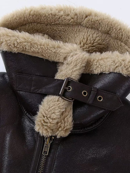 Brown Faux Shearling Lined Moto Jacket Wide Fluffy Collar Zip Cuff Short Biker Coat