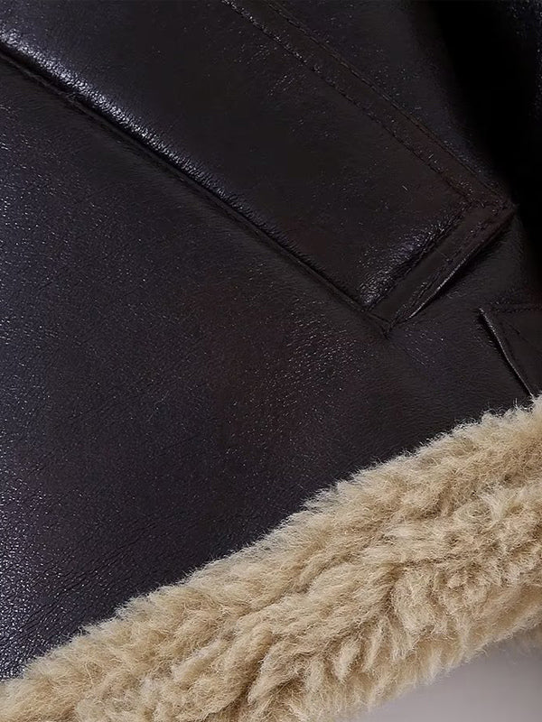 Brown Faux Shearling Lined Moto Jacket Wide Fluffy Collar Zip Cuff Short Biker Coat